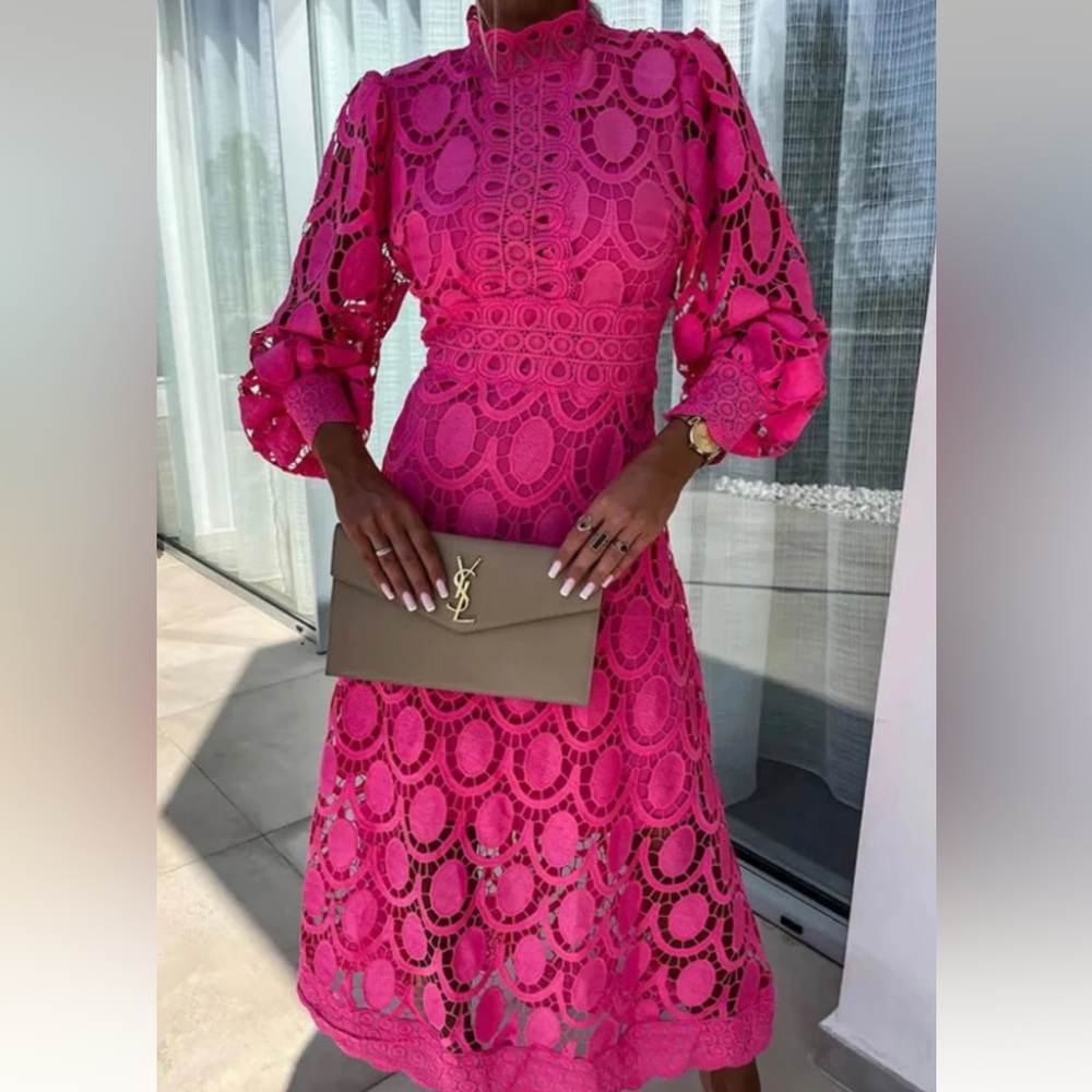 Hot Pink Lace Midi Dress